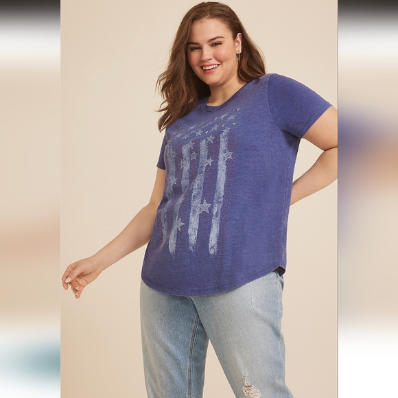 Maurices Plus Size Americana Rhinestone Flag Classic Fit Graphic Tee- 2X - Picture 1 of 3
